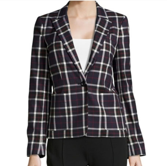 Alice + Olivia Savetta Plaid Windowpane Lamb Leather Elbows Blazer Navy Large - Picture 1 of 16